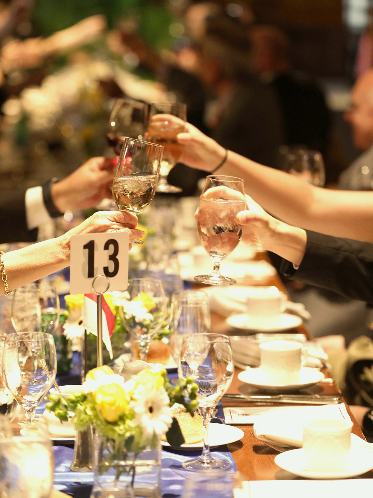 image of hands at dinner table in toasting position
