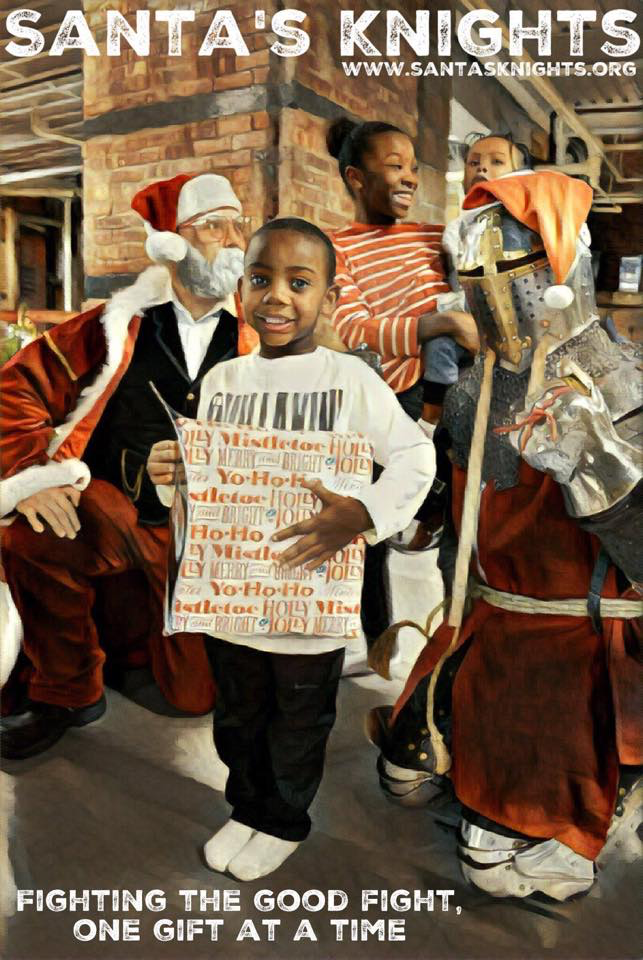 A poster advertising Santa's Knights. Santa kneels in the background, surrounded by several children.